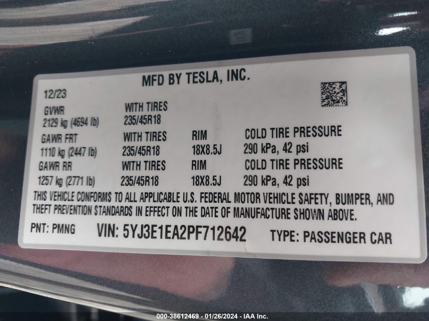 2023 TESLA MODEL 3 - 5YJ3E1EA2PF712642