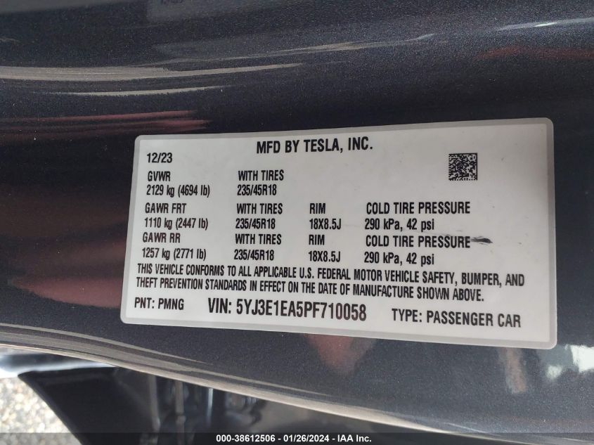 2023 TESLA MODEL 3 - 5YJ3E1EA5PF710058
