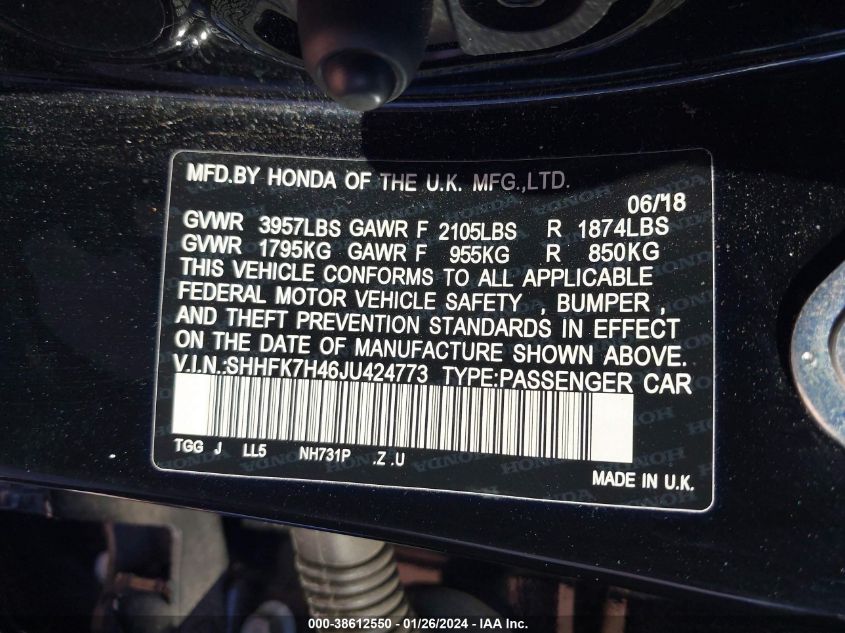 2018 HONDA CIVIC SPORT - SHHFK7H46JU424773