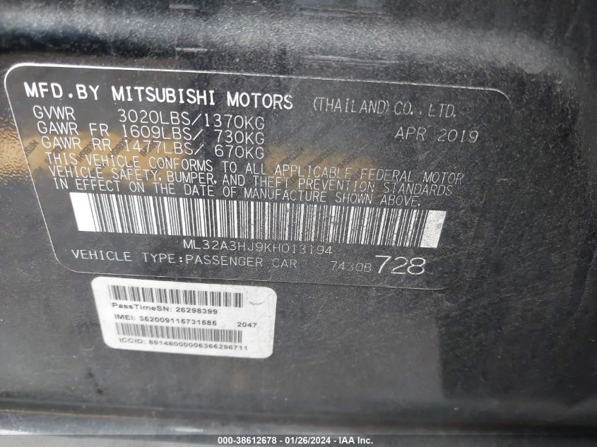 2019 MITSUBISHI MIRAGE ES/RF - ML32A3HJ9KH013194