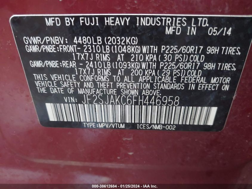 2015 SUBARU FORESTER 2.5I LIMITED - JF2SJAKC6FH446958