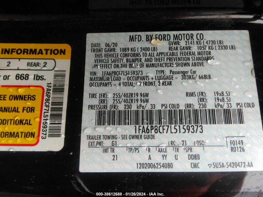 2020 FORD MUSTANG GT - 1FA6P8CF7L5159373