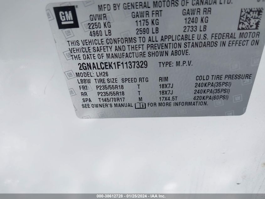 2015 CHEVROLET EQUINOX 2LT - 2GNALCEK1F1137329