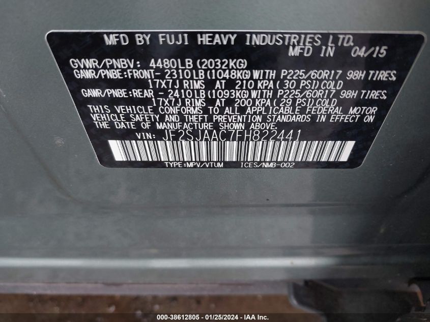 2015 SUBARU FORESTER 2.5I - JF2SJAAC7FH822441