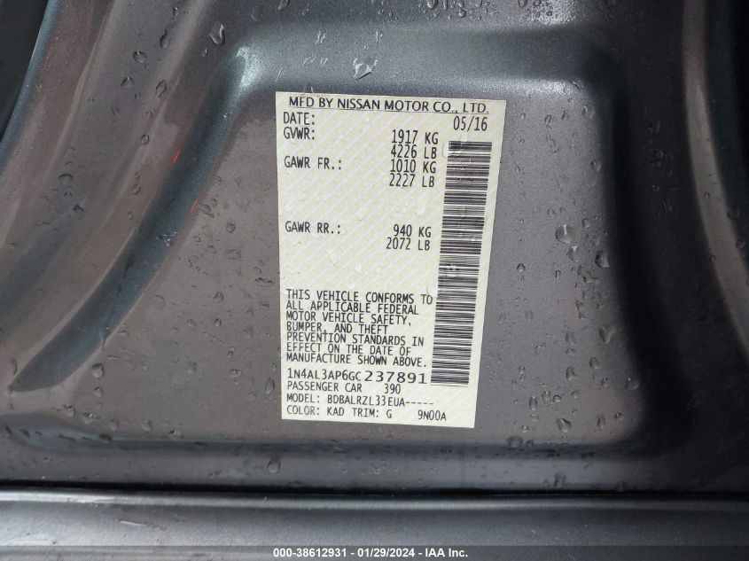 2016 NISSAN ALTIMA 2.5 SL - 1N4AL3AP6GC237891