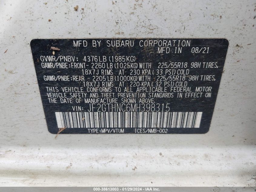 2021 SUBARU CROSSTREK LIMITED - JF2GTHNC6MH398315