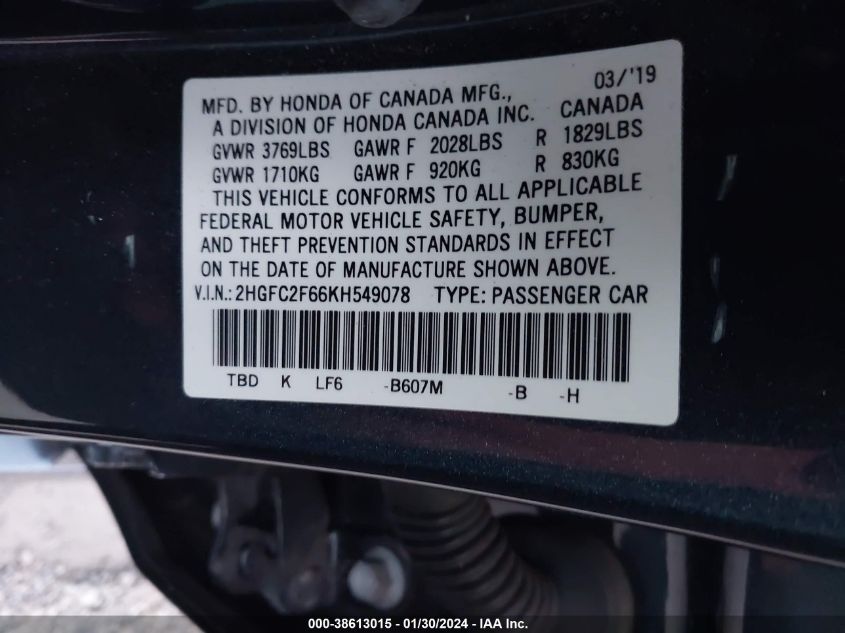 2019 HONDA CIVIC LX - 2HGFC2F66KH549078