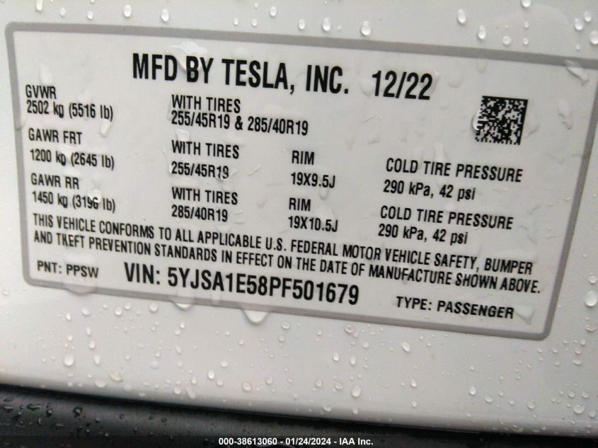 5YJSA1E58PF501679 | 2023 TESLA MODEL S