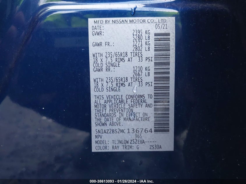 VIN 5N1AZ2BS2MC136764 2021 NISSAN MURANO SV