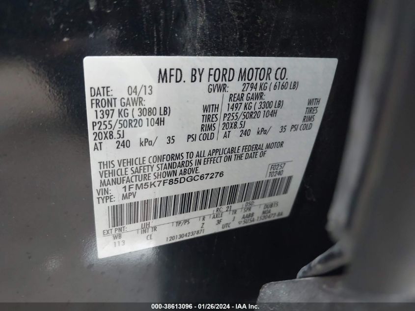 2013 FORD EXPLORER LIMITED - 1FM5K7F85DGC67276