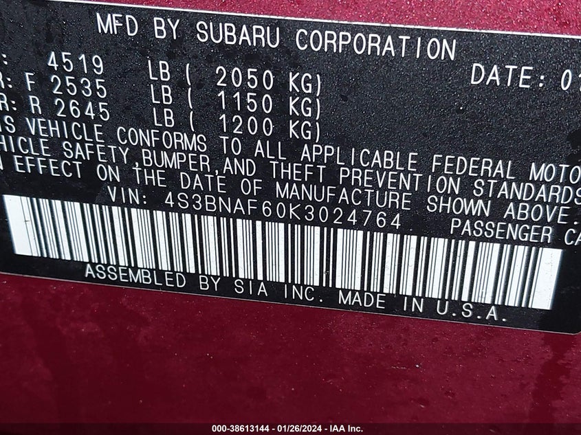 VIN 4S3BNAF60K3024764 2019 SUBARU LEGACY 2.5I PREMIUM
