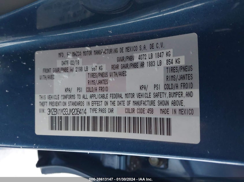 VIN 3MZBN1M33JM206414 2018 MAZDA MAZDA3 GRAND TOURING