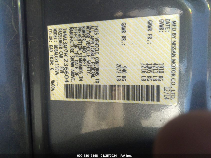 2015 NISSAN ALTIMA 2.5 S - 1N4AL3AP7FC236604