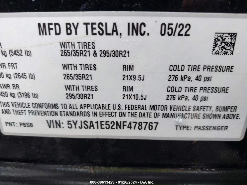 2022 TESLA MODEL S DUAL MOTOR ALL-WHEEL DRIVE - 5YJSA1E52NF478767