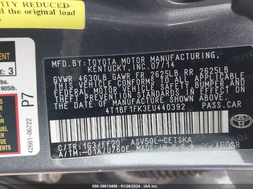 2014 TOYOTA CAMRY L/SE/LE/XLE - 4T1BF1FK3EU440392
