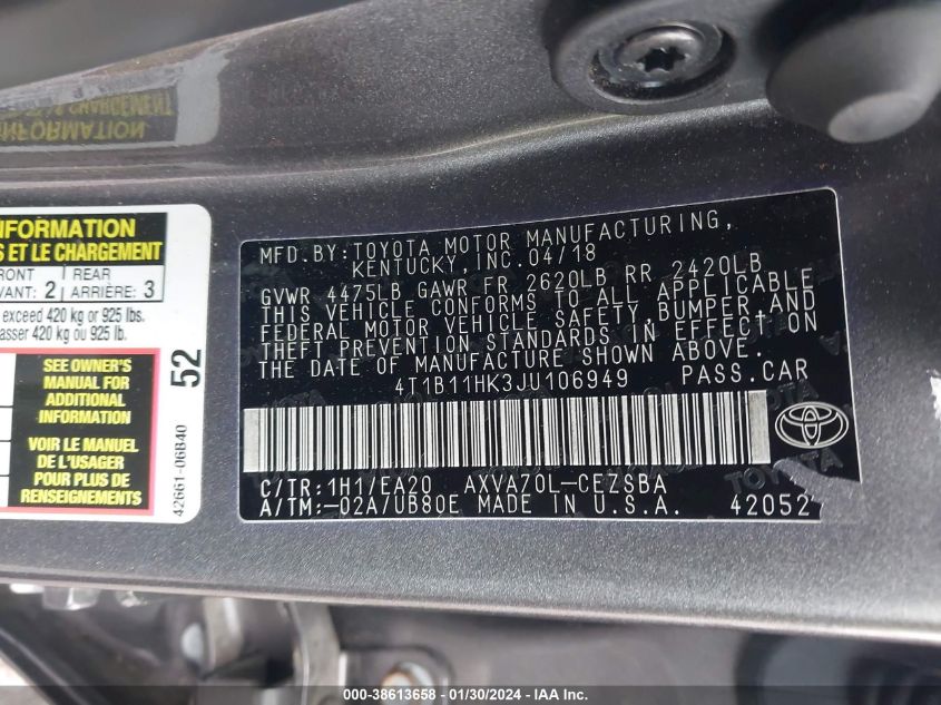 2018 TOYOTA CAMRY SE - 4T1B11HK3JU106949