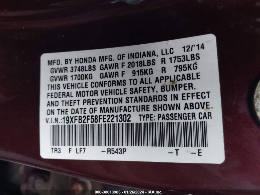 2015 HONDA CIVIC LX - 19XFB2F58FE221302
