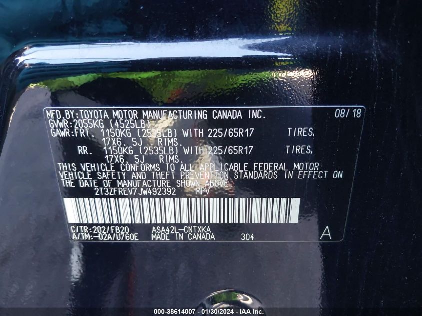 2018 TOYOTA RAV4 LE - 2T3ZFREV7JW492392