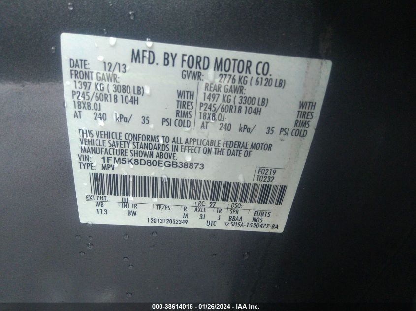 2014 FORD EXPLORER XLT - 1FM5K8D80EGB38873