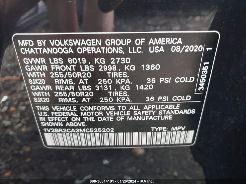 2021 VOLKSWAGEN ATLAS 3.6L V6 SEL - 1V2BR2CA3MC525202