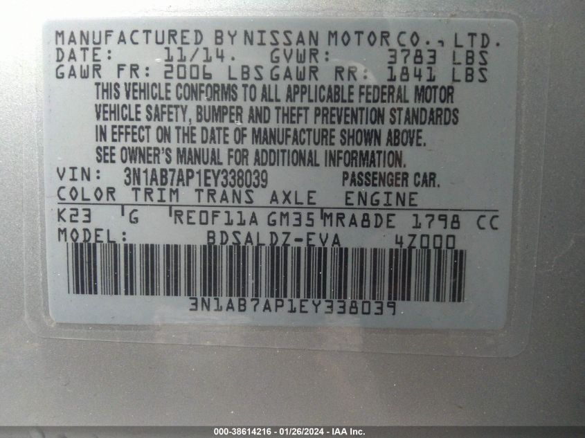 2014 NISSAN SENTRA SV - 3N1AB7AP1EY338039
