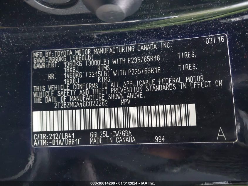 2016 LEXUS RX 350 350/BASE/F SPORT - 2T2BZMCA4GC022282
