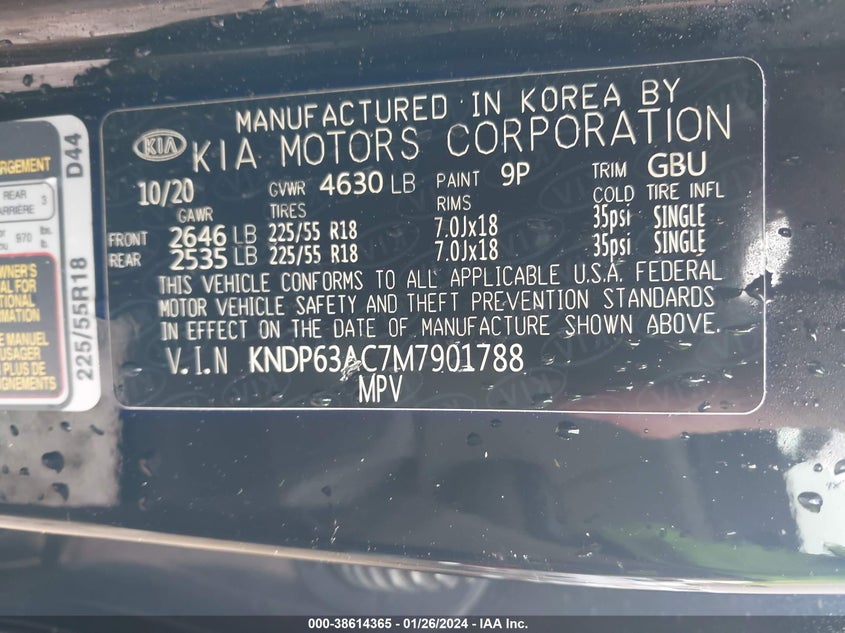 VIN KNDP63AC7M7901788 2021 KIA SPORTAGE S