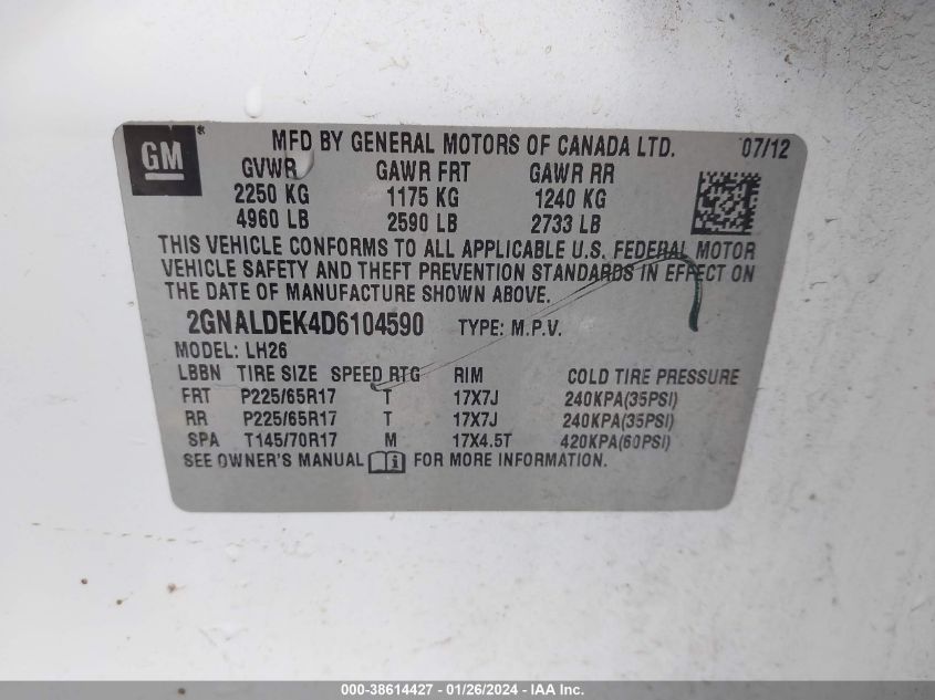 2013 CHEVROLET EQUINOX LT - 2GNALDEK4D6104590