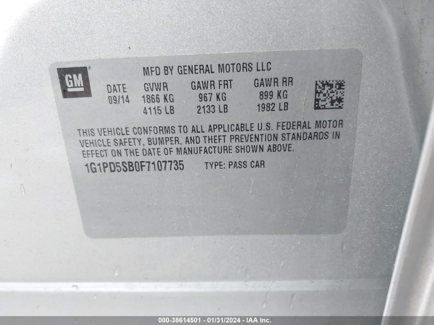 2015 CHEVROLET CRUZE 1LT MANUAL - 1G1PD5SB0F7107735