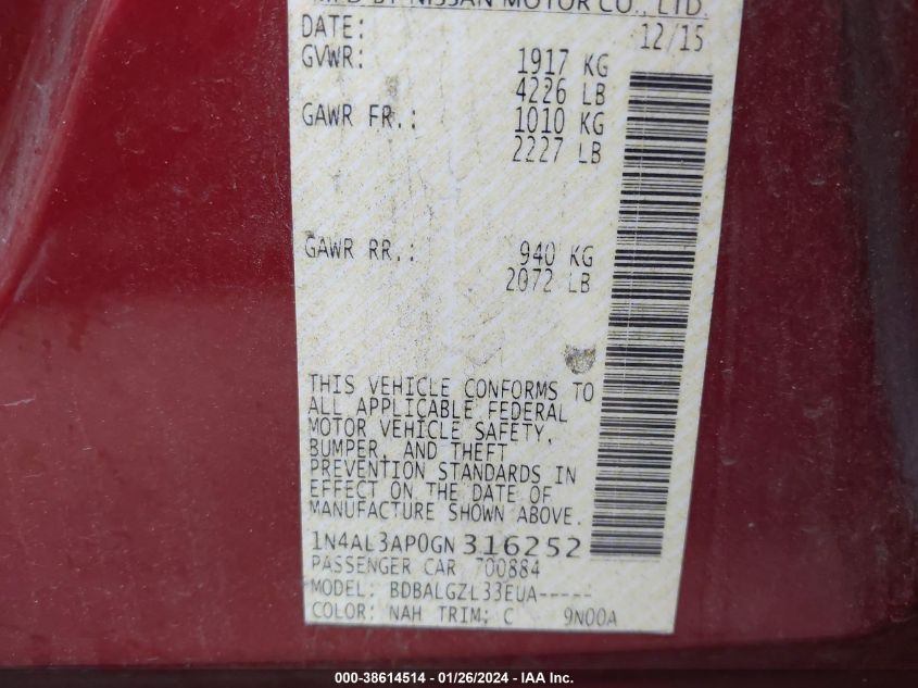 2016 NISSAN ALTIMA 2.5/S/SV/SL/SR - 1N4AL3AP0GN316252