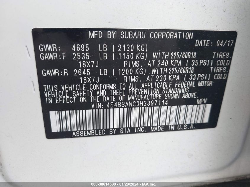 2017 SUBARU OUTBACK 2.5I LIMITED - 4S4BSANC0H3397114