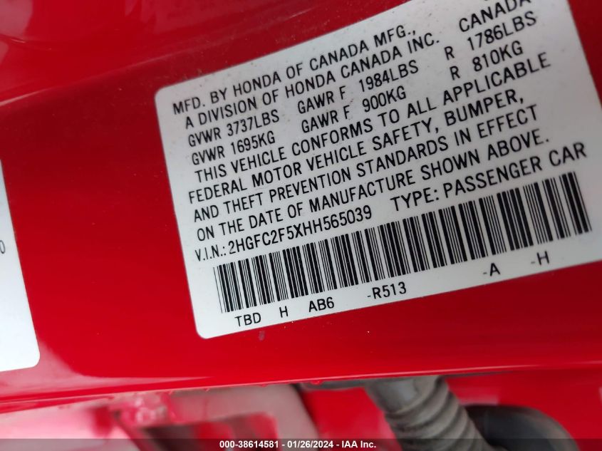 2017 HONDA CIVIC LX - 2HGFC2F5XHH565039