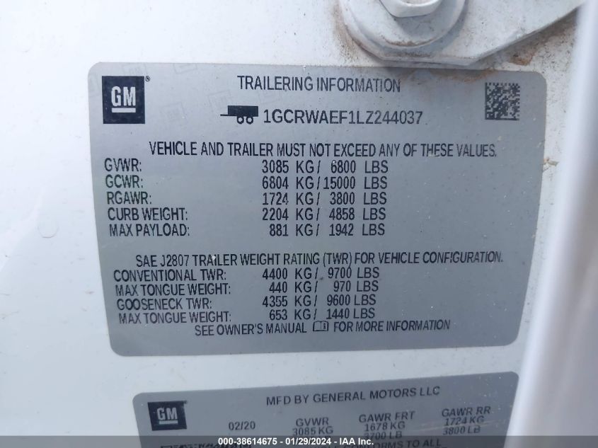 2020 CHEVROLET SILVERADO 1500 2WD DOUBLE CAB STANDARD BED WT - 1GCRWAEF1LZ244037