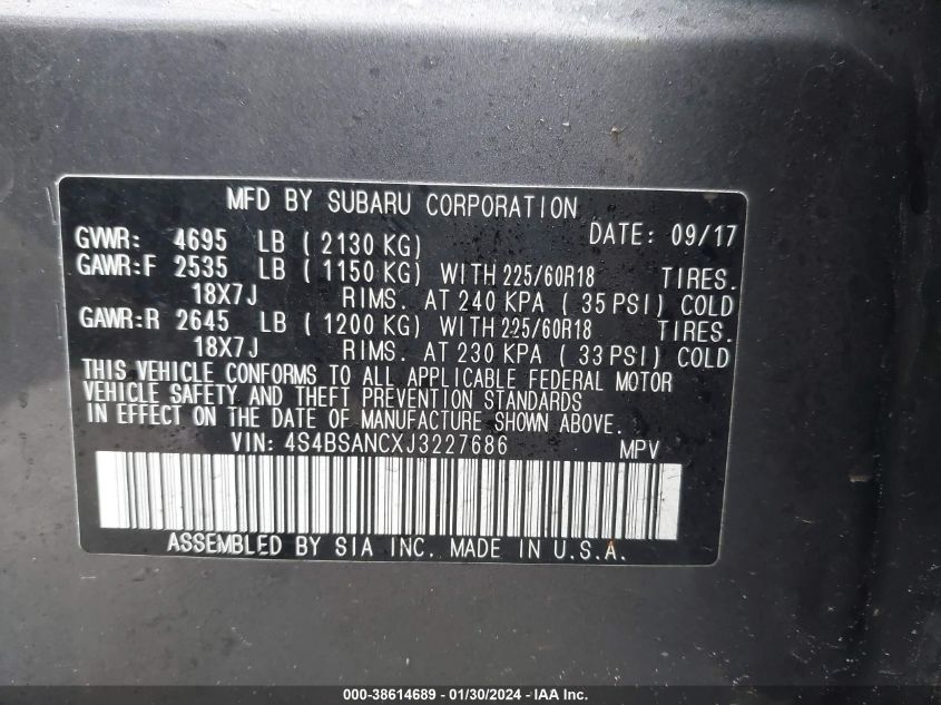 2018 SUBARU OUTBACK 2.5I LIMITED - 4S4BSANCXJ3227686