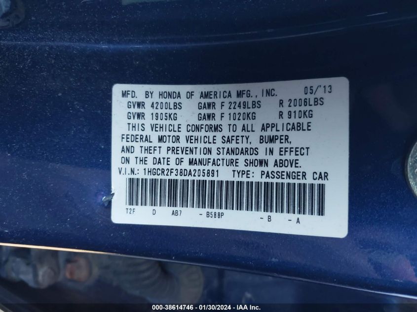 2013 HONDA ACCORD LX - 1HGCR2F38DA205891