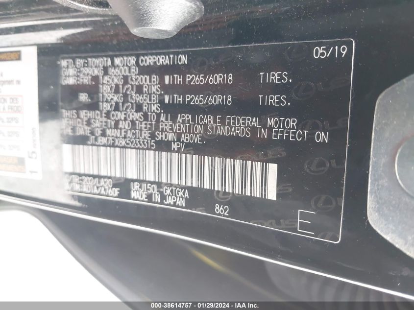 2019 LEXUS 460 PREMIUM JTJBM7FX8K5233315