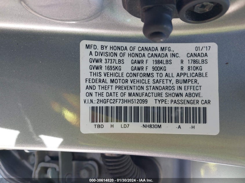 VIN 2HGFC2F73HH512099 2017 HONDA CIVIC EX
