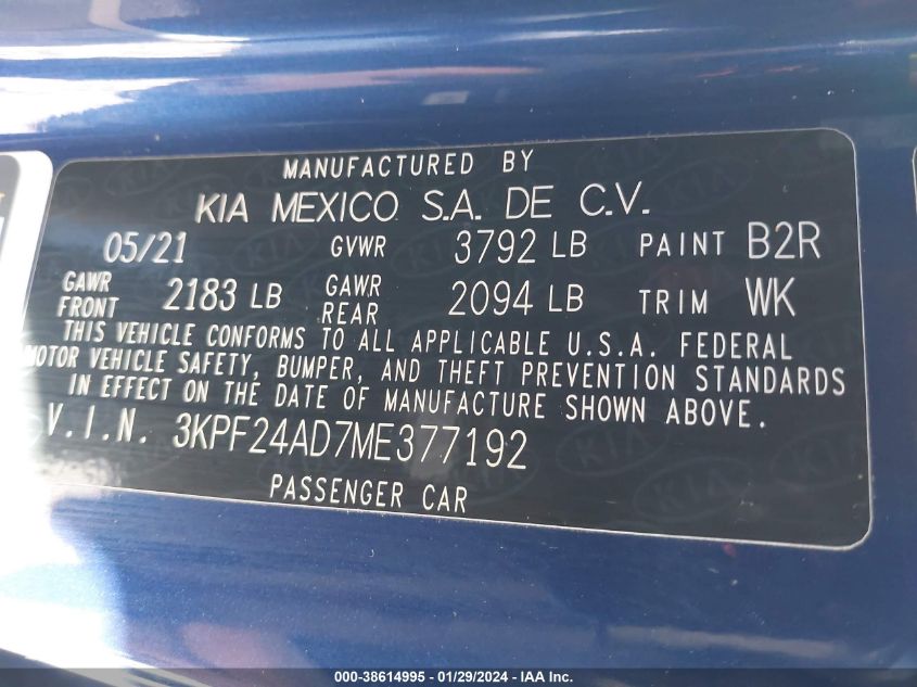 2021 KIA FORTE LXS - 3KPF24AD7ME377192