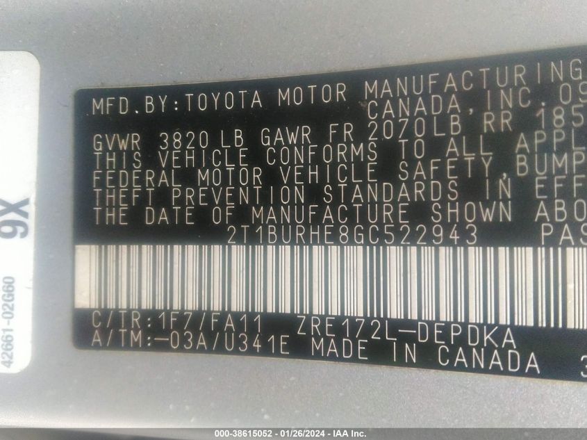 2016 TOYOTA COROLLA L - 2T1BURHE8GC522943