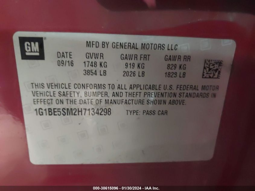 2017 CHEVROLET CRUZE LT - 1G1BE5SM2H7134298