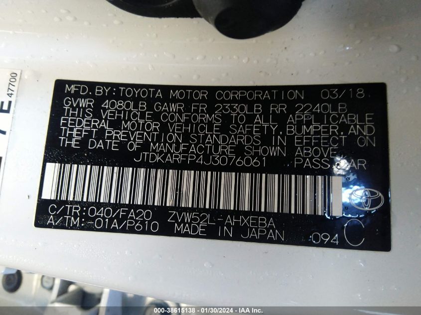 2018 TOYOTA PRIUS PRIME PLUS JTDKARFP4J3076061