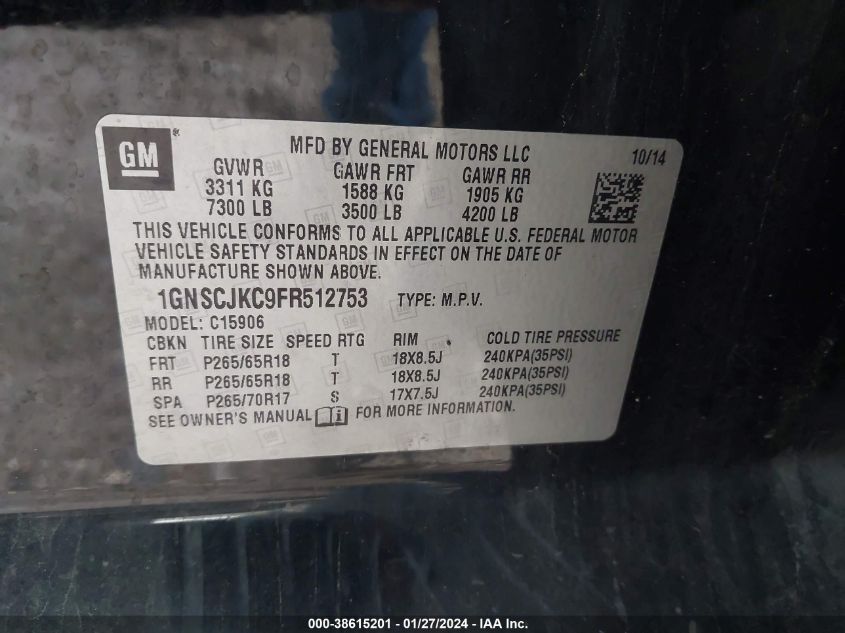 2015 CHEVROLET SUBURBAN C1500 LT - 1GNSCJKC9FR512753