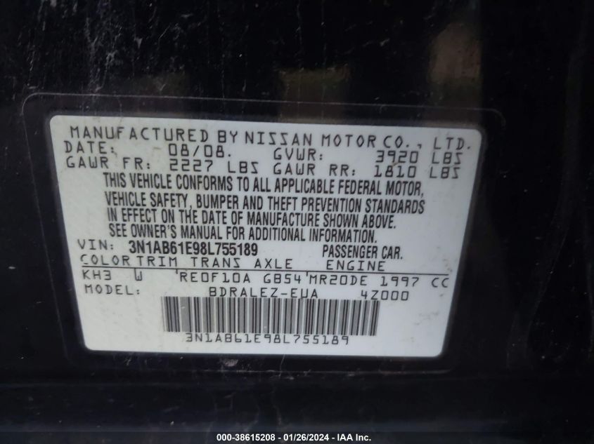 3N1AB61E98L755189 | 2008 NISSAN SENTRA