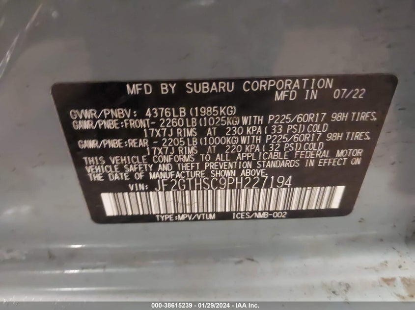 VIN JF2GTHSC9PH227194 2023 SUBARU CROSSTREK SPORT