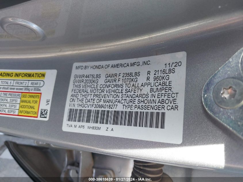 2021 HONDA ACCORD SPORT - 1HGCV1F30MA018277