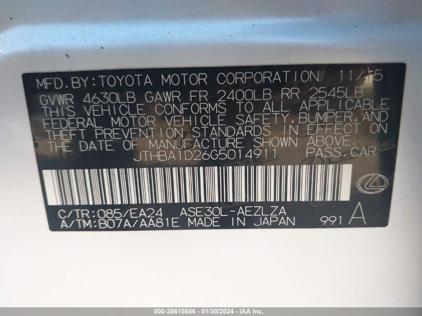 2016 LEXUS IS 200T - JTHBA1D26G5014911