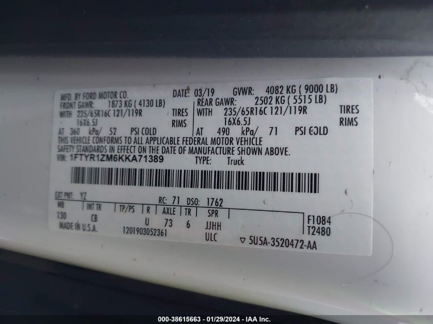 2019 FORD TRANSIT-250 - 1FTYR1ZM6KKA71389