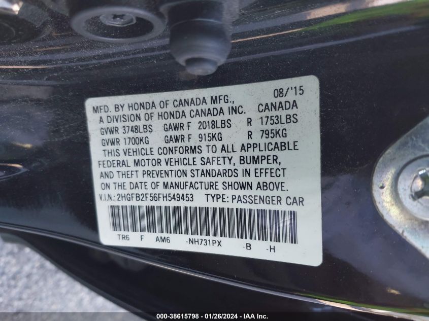 2015 HONDA CIVIC LX - 2HGFB2F56FH549453