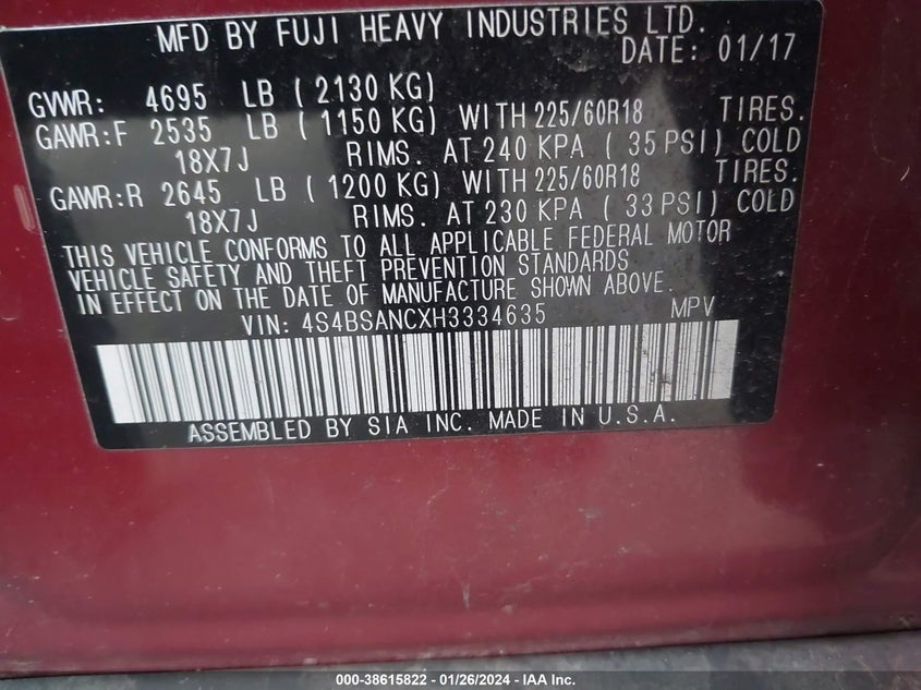 VIN 4S4BSANCXH3334635 2017 SUBARU OUTBACK 2.5I LIMITED