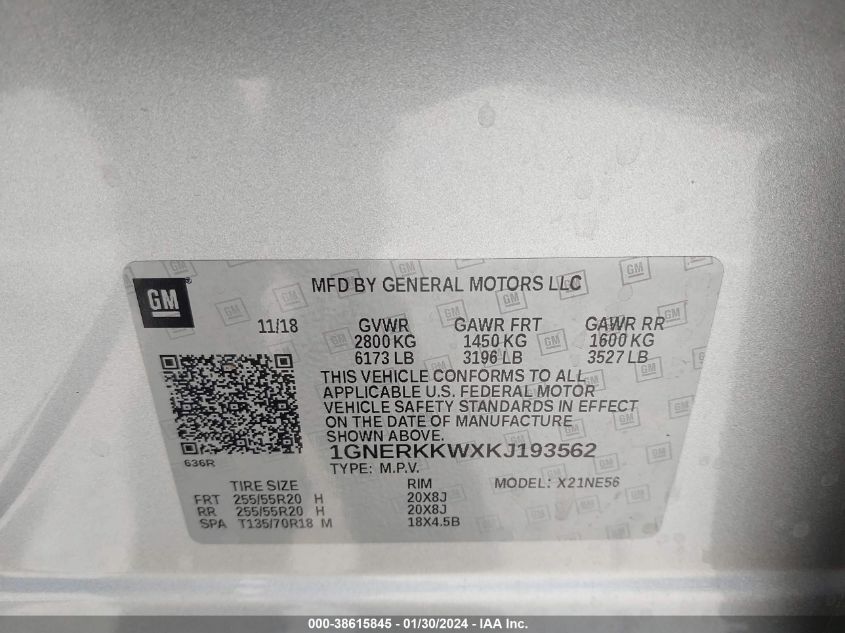 2019 CHEVROLET TRAVERSE PREMIER - 1GNERKKWXKJ193562